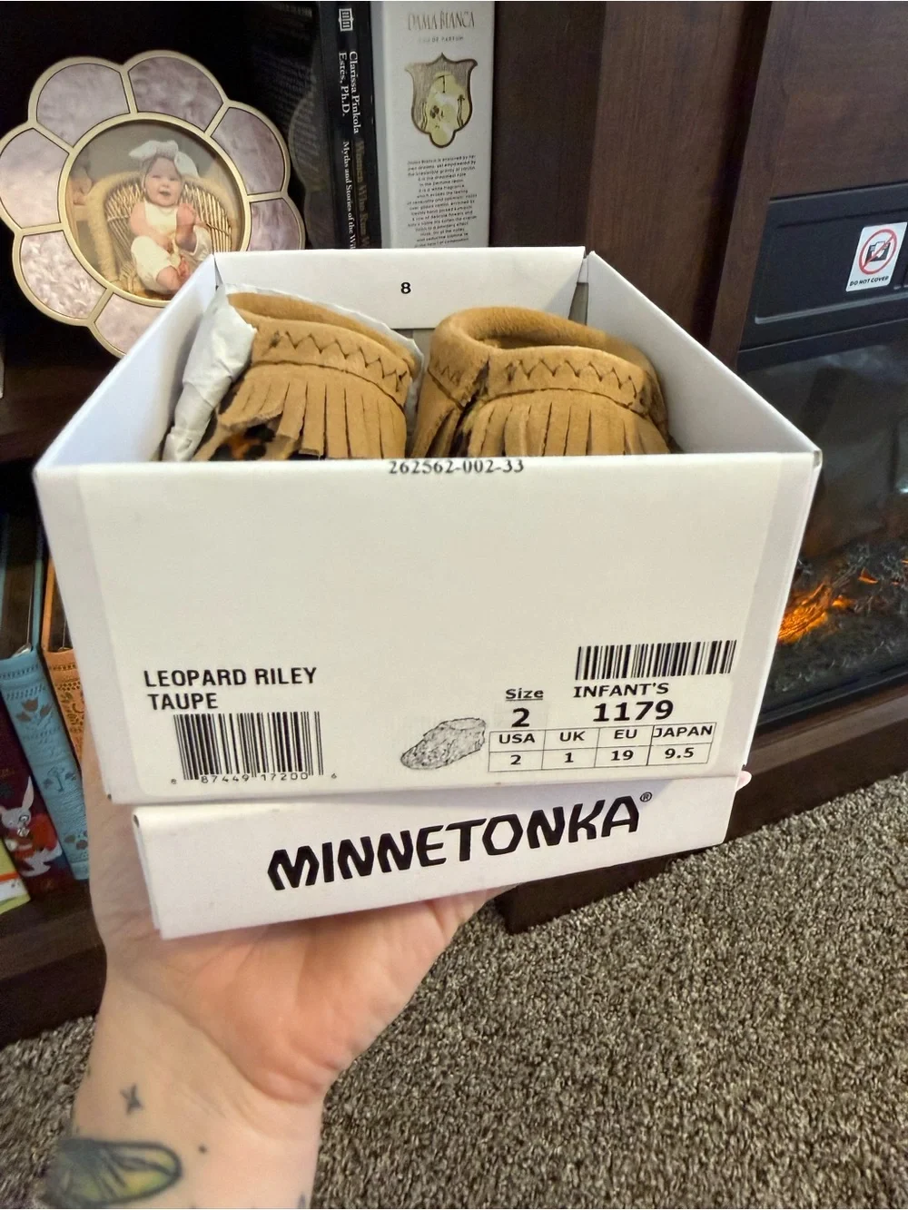 Minnetonka Leopard Print Fringe Baby Moccasins - Tan & Black